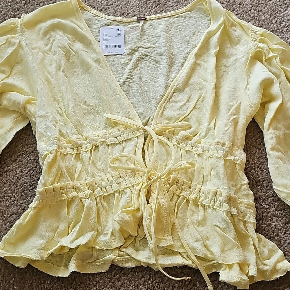 Free People Tie Front Linen Cotton Top Yellow Medium NEW